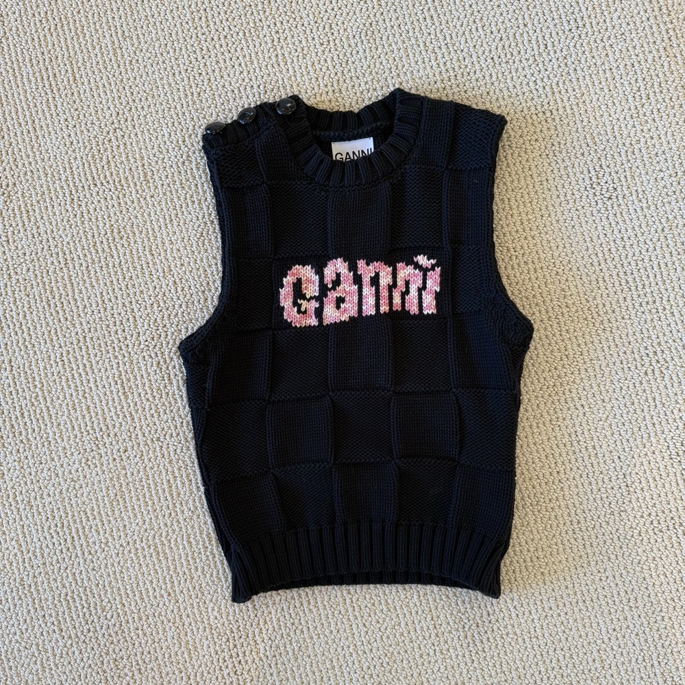 GANNI Black Knit Vest with Pink Logo